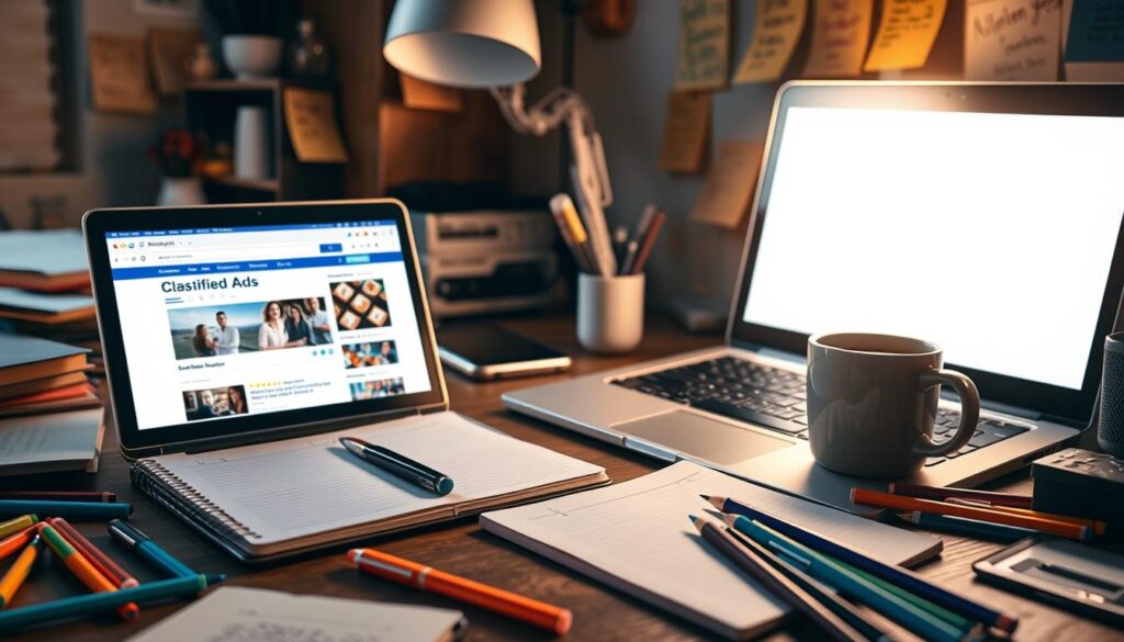 A cluttered desk scene with a notepad and colorful pens scattered around, an open laptop displaying a bright classified ad webpage, a cup of coffee steaming in the background, and sticky notes with brainstorming ideas stuck on the wall, warm lighting creating an inviting atmosphere.