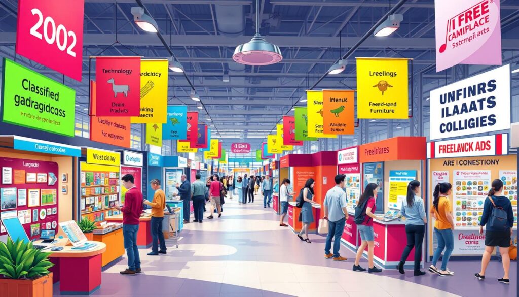 A vibrant marketplace setting showcasing various classified ad categories for 2025, featuring diverse booths and stands representing technology gadgets, eco-friendly products, second-hand furniture, pet services, freelance job opportunities, and local event promotions, with people engaging in transactions, colorful banners, and a lively atmosphere.