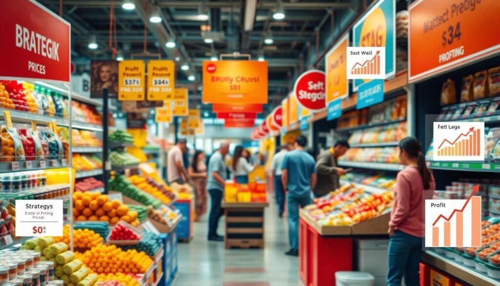 A visually striking image of a dynamic marketplace scene, featuring a diverse range of colorful product displays, strategic price tags highlighting various pricing strategies, graphical elements like arrows and charts showcasing profit growth, and engaged customers browsing and interacting with the products, set in a vibrant, inviting atmosphere.