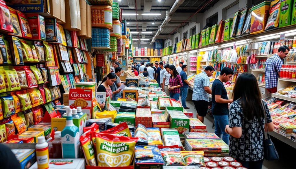 A vibrant marketplace scene showcasing various products with diverse pricing tags, featuring a range of colorful displays and customers examining items, all set against a backdrop of competitive business atmosphere, emphasizing the theme of pricing strategies and consumer engagement.