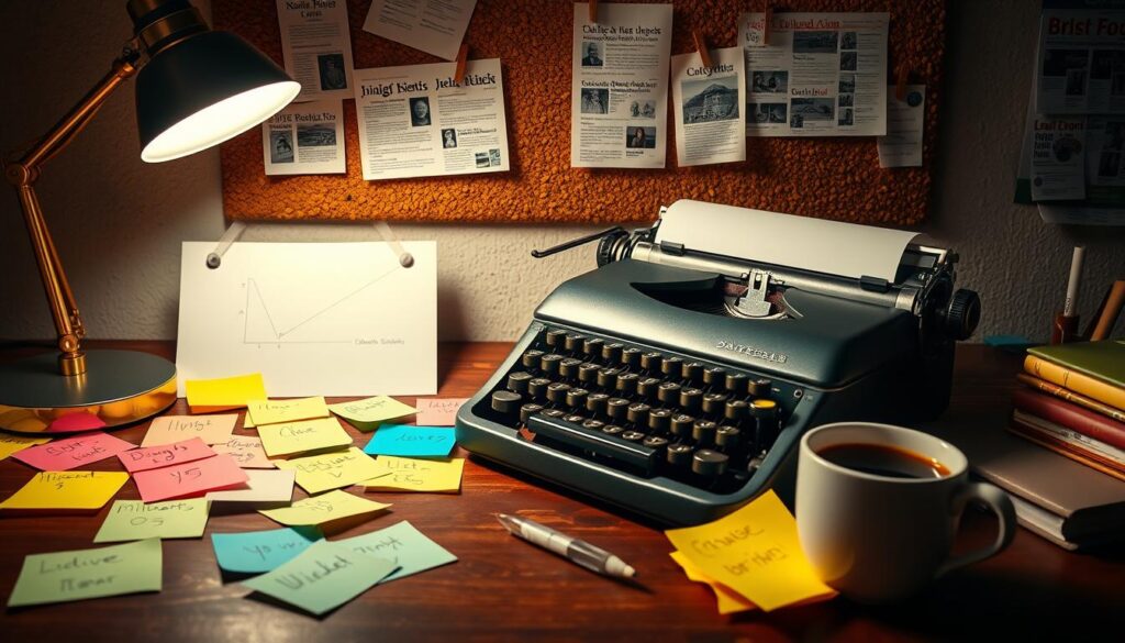 A visually engaging workspace featuring a vintage typewriter, scattered colorful post-it notes with ideas scribbled on them, a vibrant corkboard displaying various classified ads pinned strategically, a steaming cup of coffee, and a bright desk lamp illuminating the area, creating an atmosphere of creativity and inspiration.