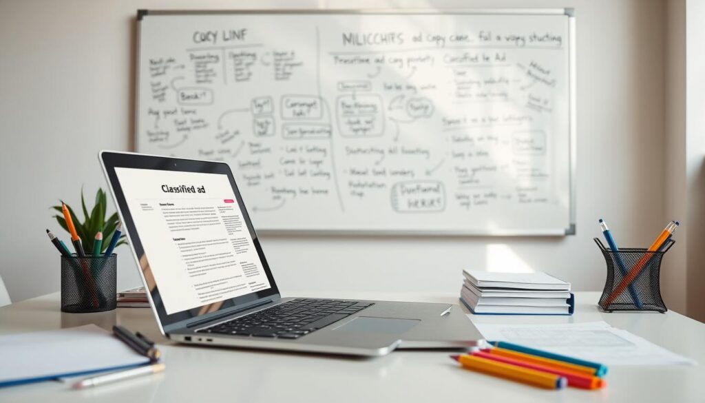 A sleek, modern workspace featuring an open laptop displaying a well-structured classified ad on the screen, surrounded by neatly arranged notepads and colorful pens. In the background, a whiteboard filled with brainstorming sketches and phrases about optimizing ad copy length and structure. Soft natural lighting pouring in through a window, creating an inspiring atmosphere for creativity and focus.