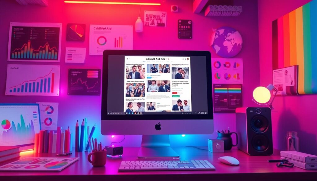 A vibrant digital workspace featuring a computer screen displaying classified ads, surrounded by visual elements like graphs, color palettes, and editing tools, with glowing effects that represent enhancement techniques, in a modern tech-inspired setting.