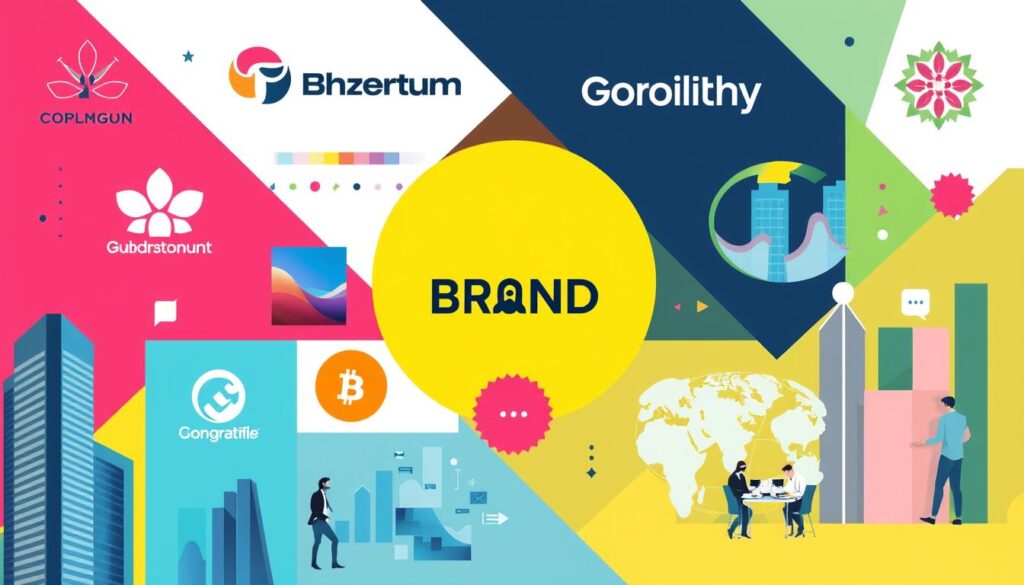 A vibrant and dynamic collage of elements representing brand identity, featuring iconic logos, color palettes, and minimalist design motifs, intertwined with successful corporate imagery such as skyscrapers, business meetings, and global connections, all set against a backdrop of abstract geometric shapes symbolizing growth and innovation.