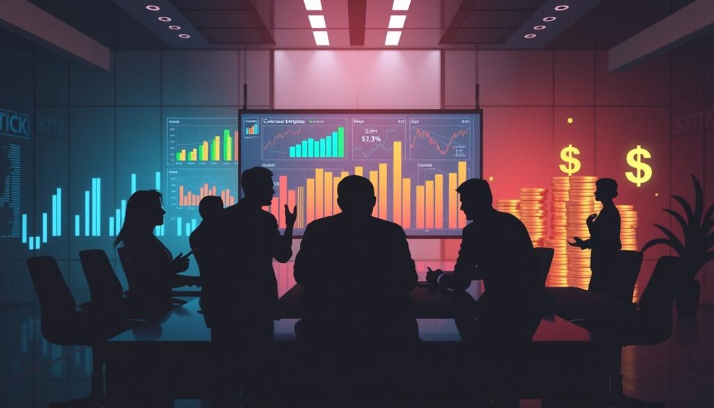 A visually striking representation of corporate strategy, featuring a sleek boardroom with a large digital screen displaying colorful graphs and charts, surrounded by shadowy silhouettes of business professionals deep in discussion, with symbols of wealth like stacks of coins and dollar signs subtly integrated into the background.