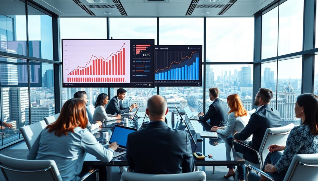 A dynamic corporate boardroom filled with diverse professionals analyzing graphs and charts on a large screen, showcasing upward trends and financial success; a modern city skyline visible through the glass windows, symbolizing growth and opportunity; sleek furniture and technology that reflect innovation and professionalism.