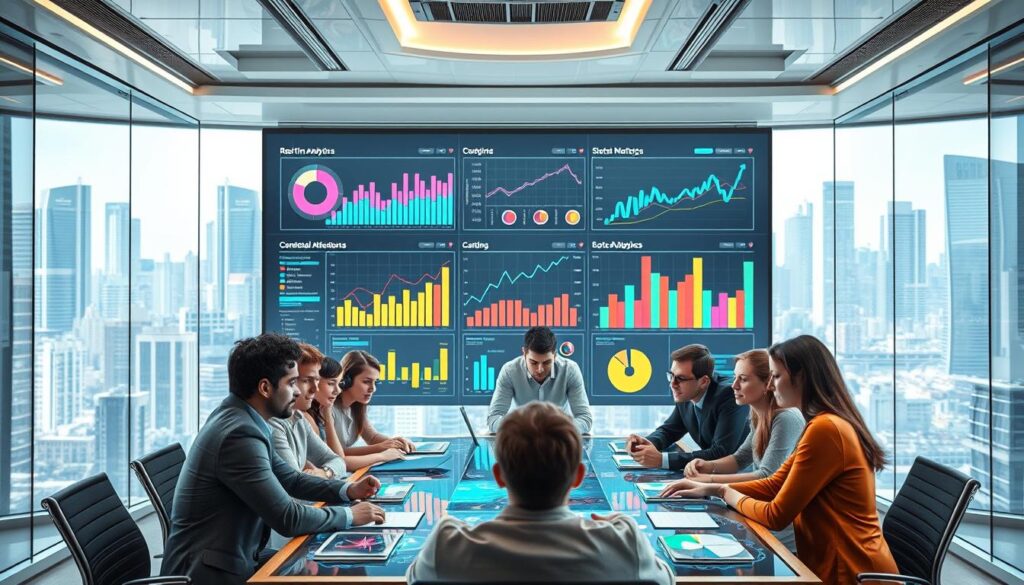 A futuristic office environment with a large digital dashboard displaying colorful graphs, charts, and real-time analytics related to sales growth. A diverse group of professionals gathered around a central table, analyzing data on holographic screens, with expressions of focus and determination. Bright, modern decor emphasizing innovation, surrounded by transparent walls showcasing a bustling city skyline outside.