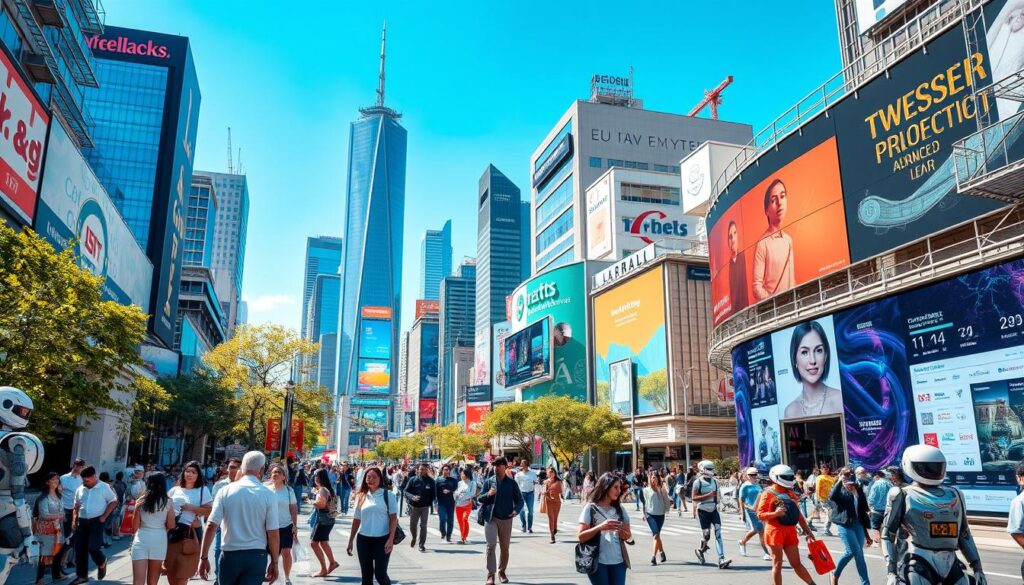 A vibrant cityscape transformed by advanced AI technologies, showcasing digital classified ads displayed on large interactive screens, diverse people engaging with smart devices, a harmonious blend of nature and futuristic architecture, and robots assisting in daily tasks, all under a bright blue sky.