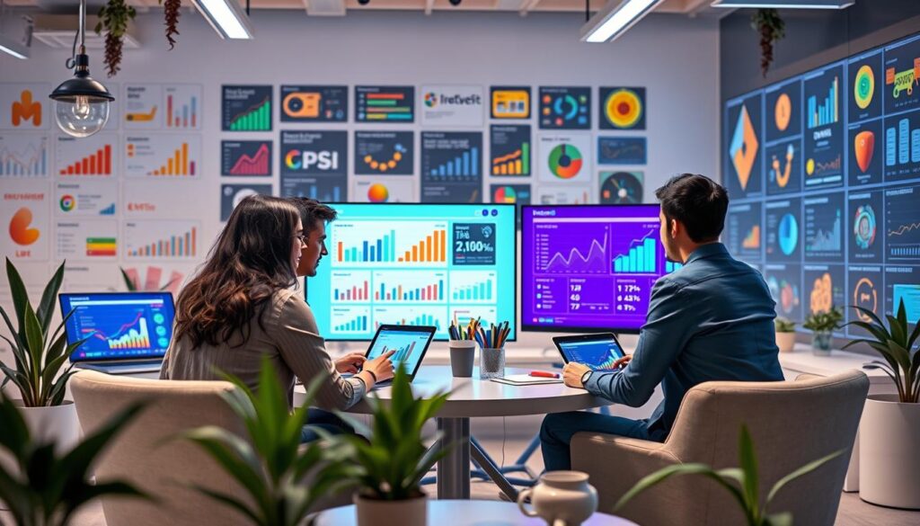 A futuristic workspace featuring a diverse group of individuals analyzing various e-commerce platform options on sleek digital screens, showcasing vibrant graphs and statistics. The setting includes modern furniture, plants for a touch of nature, and a wall filled with colorful charts and icons representing different e-commerce platforms, creating a dynamic and collaborative atmosphere.