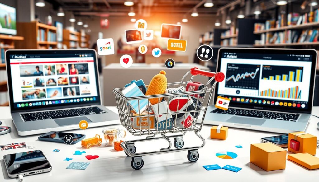 A dynamic digital marketplace scene, showcasing diverse online selling strategies; an organized workspace with laptops displaying e-commerce websites, colorful product images, and sales graphs; a virtual shopping cart filled with various items, surrounded by icons representing social media, shipping, and customer reviews; modern tech elements like smartphones and tablets embedded in the composition; a bright, inviting atmosphere that conveys activity and engagement in online selling.