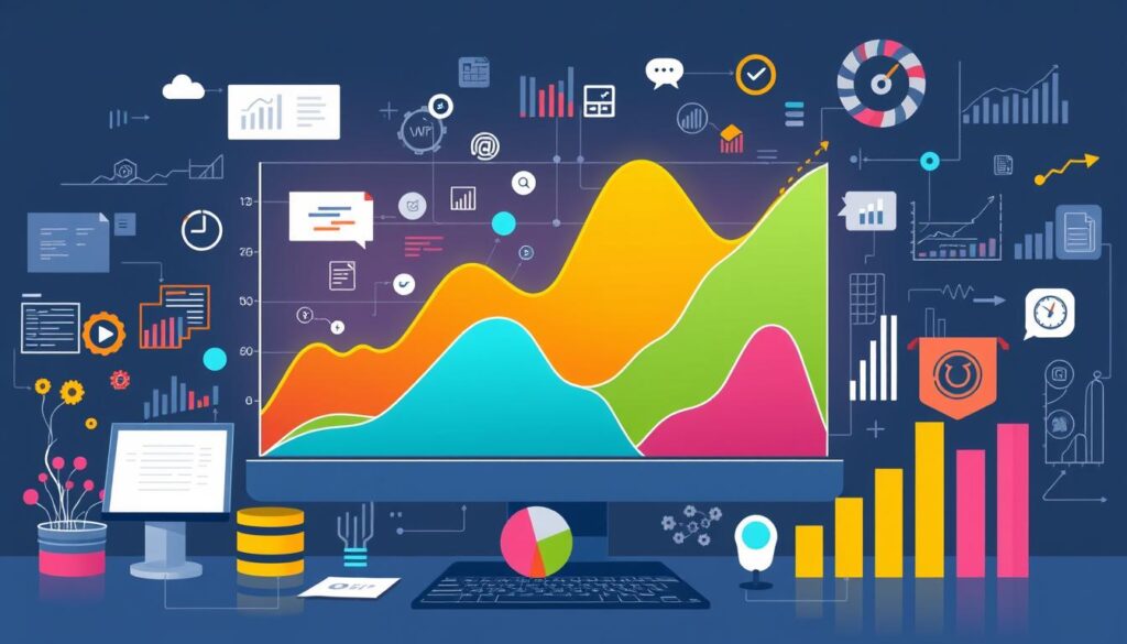 A conceptual illustration of diverse digital audience demographics highlighted on a vibrant graph, surrounded by abstract representations of data analytics, optimization tools, and performance metrics, all set within a modern, tech-inspired environment.