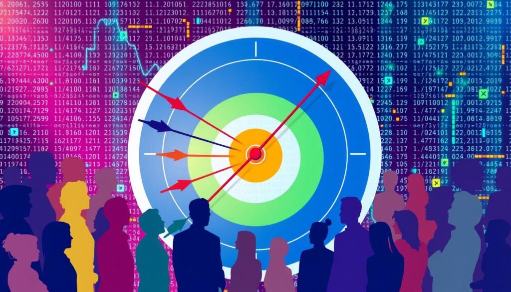 A vibrant illustration of a target board, surrounded by diverse silhouettes representing various demographics, with arrows hitting different segments of the board, set against a colorful digital background symbolizing data and analytics.