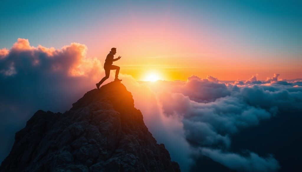 A determined figure scaling a steep mountain peak, surrounded by clouds and sunlight breaking through, symbolizing overcoming obstacles in the journey of entrepreneurship, with a vibrant sunrise in the background illuminating the path ahead.