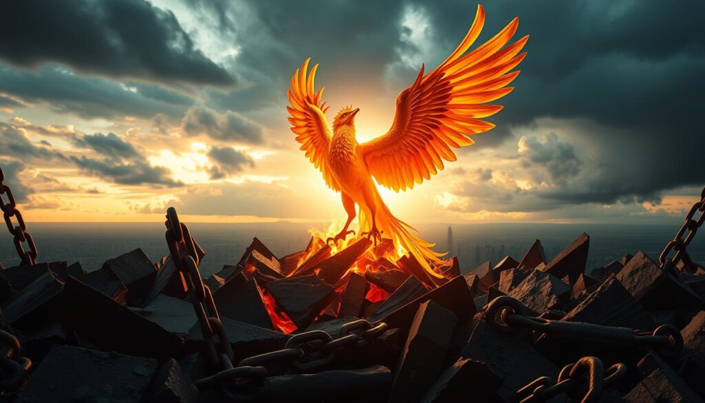 A phoenix rising from the ashes amidst a backdrop of shattered financial charts and broken chains, symbolizing resilience and strength, with a glowing light illuminating the scene, set against a stormy sky gradually clearing to reveal a bright horizon.