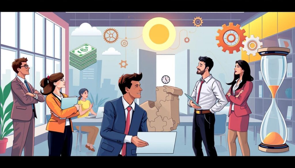 A vibrant scene depicting a diverse group of entrepreneurs in a modern workspace, each facing unique challenges such as financial obstacles represented by a stack of bills, a complex puzzle symbolizing strategic decision-making, and an hourglass illustrating time management. In the background, visual metaphors for overcoming these challenges like a rising sun, open doors, and interconnected gears depict collaboration and innovation. The atmosphere is dynamic and inspiring, filled with energy and creativity.