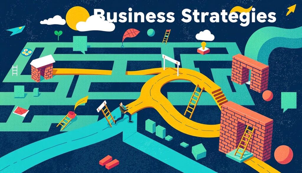 A vibrant, abstract representation of diverse business strategies, featuring a maze with innovative pathways, obstacles like brick walls and hurdles, and symbols of success such as climbing ladders and open doors, all set against a dynamic background that suggests growth and resilience.