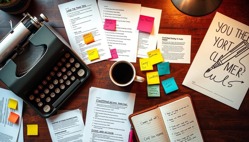 A visually organized workspace featuring a vintage typewriter, scattered sheets of paper with various classified ad examples, colorful sticky notes highlighting key points, an open notebook with a brainstorming doodle, a cup of coffee steaming beside a motivational poster of a pen and notepad, all set against a cozy wooden desk with warm lighting.