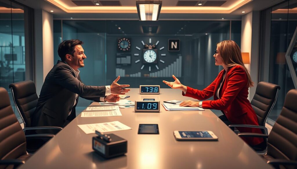 A dynamic and modern scene depicting two professionals engaged in a negotiation at a sleek conference table, with visual elements representing strategy and agreement, such as charts and documents scattered around, a digital clock showing time awareness, and confident body language, surrounded by ambient lighting that conveys a professional atmosphere.