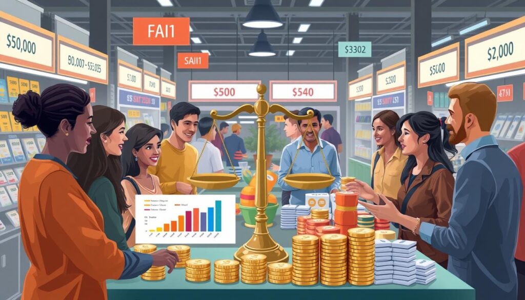 A digital marketplace scene showcasing diverse individuals engaged in price negotiation, with visual elements like a balance scale symbolizing fairness, colorful charts illustrating pricing strategies, and stacks of coins representing value. The background features booths with various products labeled with prices, creating a vibrant and dynamic atmosphere of commerce and negotiation.