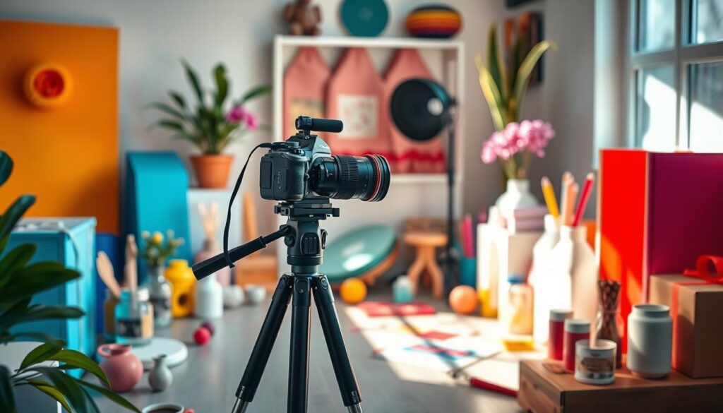 A well-lit photography setup showcasing a camera on a tripod, surrounding by colorful props and products arranged aesthetically, with natural light streaming in through a window, creating a warm and inviting atmosphere, with soft shadows enhancing the scene.