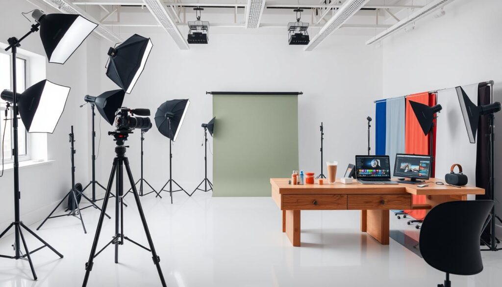 A brightly lit photography studio featuring a professional camera setup on a tripod, various softboxes and reflectors arranged to create ideal lighting conditions, a sleek wooden table with an aesthetically arranged product display, multiple color backdrops, and a laptop showing photo editing software in use, all within a clean, organized space that emphasizes the art of advertising photography.