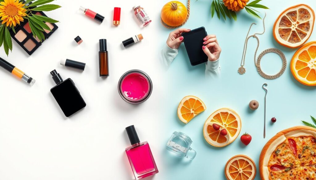 A visually appealing composition showcasing various styles of product photography, including flat lay arrangement of cosmetics, lifestyle shot with a model using tech gadgets, minimalist white background for jewelry, and vibrant overhead view of food products, emphasizing lighting, color contrast, and creative staging.