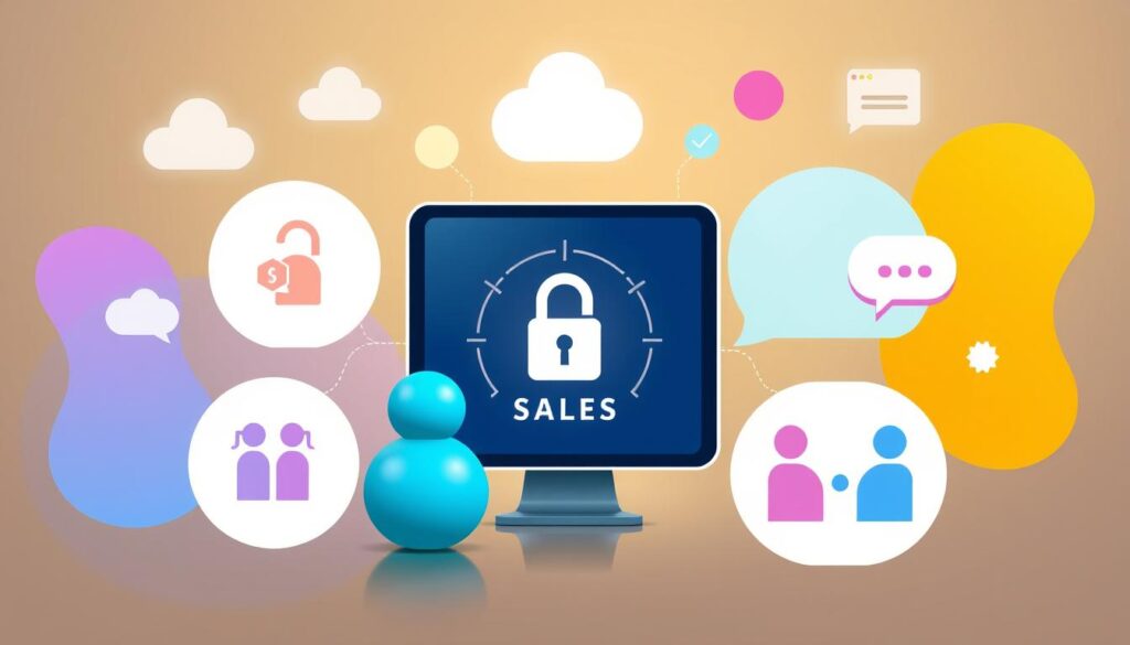 A visually engaging scene depicting a secure sales process, featuring a safe transaction environment. Show a digital device with a lock symbol, a checklist for safe selling practices, and icons representing genuine buyers and sellers. Use a harmonious color palette that conveys trust and security, with abstract shapes representing communication and verification surrounding the central elements.