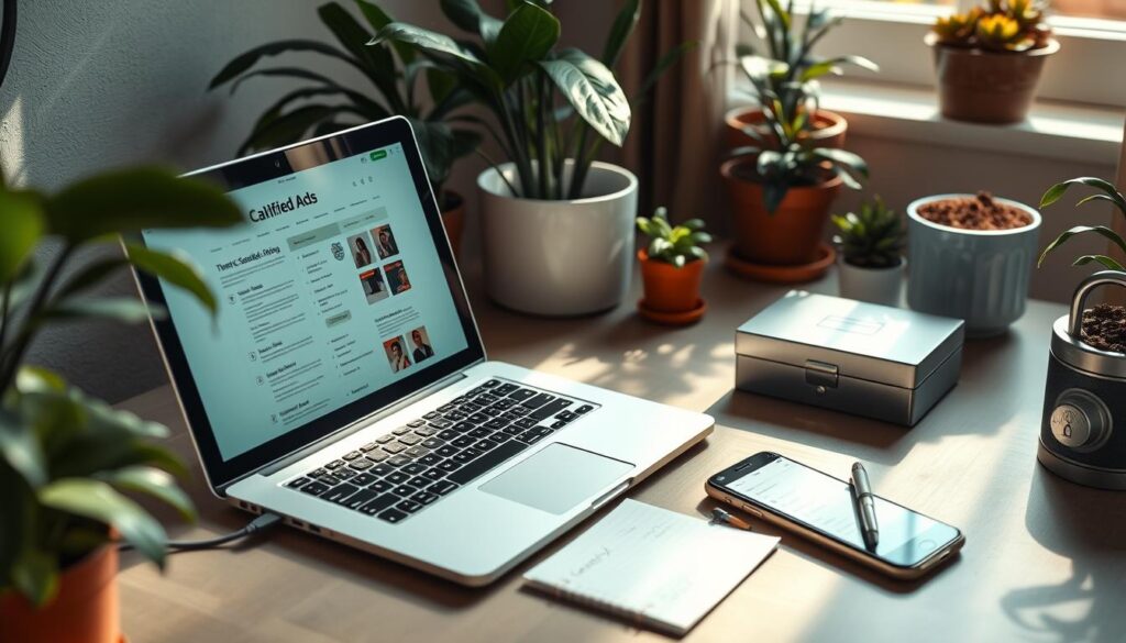 A serene home office scene showcasing a laptop on a desk with open classified ads, a notepad with checked items, a smartphone with a messaging app, and a secure lockbox nearby, all surrounded by potted plants for a calm ambiance. Soft natural light streaming through a window, creating an inviting and trustworthy atmosphere.