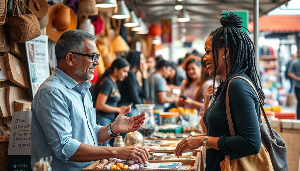 A vibrant marketplace scene featuring a variety of items for sale, with a focus on safety and trust. Show an individual engaging with potential buyers, emphasizing non-verbal communication, friendly gestures, and authentic interactions. Include elements like a visible checklist of safe selling tips, a warm and inviting atmosphere, and diverse shoppers examining products with positive expressions. Use soft lighting to convey a sense of security and positivity in the transaction process.