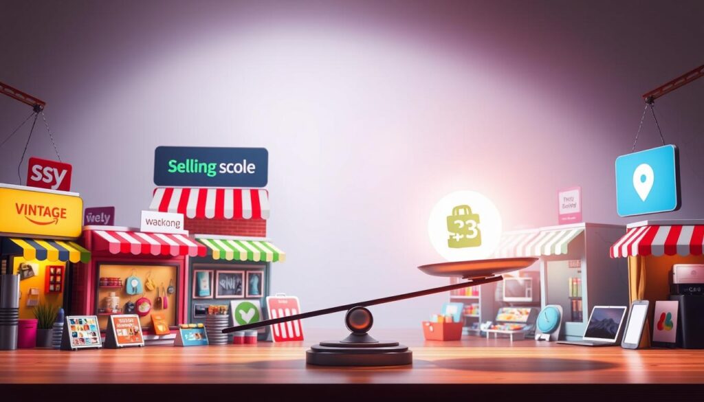 A visually striking scene depicting a diverse selection of online selling platforms represented by various colorful digital storefronts in a marketplace setting, showcasing unique products like vintage items, handmade crafts, and electronics. Include elements that symbolize decision-making, such as a large scale balancing two platform logos, with bright rays of light illuminating the most profitable options. Background featuring a soft gradient to enhance the focus on the platforms.