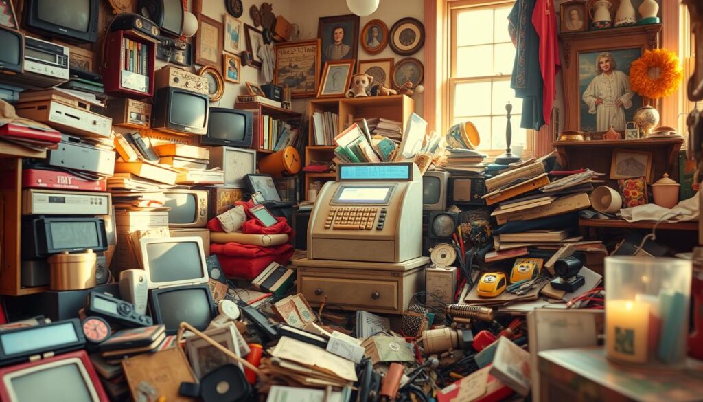 A vibrant, cluttered room filled with various items like old electronics, vintage clothing, and knickknacks, with a glowing cash register at the center, symbolizing the transformation from clutter to cash. Soft light filtering through a window, casting warm shadows on the pile of items, evoking a sense of opportunity and possibility.