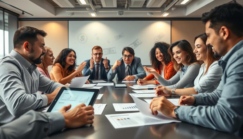 A dynamic scene depicting a diverse group of people engaged in a lively negotiation around a large table, with expressions of determination and strategy. Visual elements include hands gesturing, calculating figures on paper, and a digital device displaying graphs. The setting features a modern conference room with bright lighting, showcasing an atmosphere of collaboration and innovation. Subtle symbols of money and contracts in the background, reflecting the theme of advanced bargaining techniques.