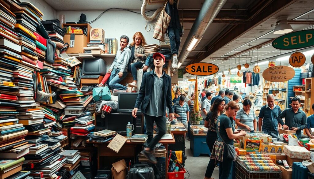 A cluttered room filled with various items like old books, toys, clothes, and electronics, transitioning seamlessly into a vibrant marketplace scene with people happily engaging in buying and selling, emphasizing the transformation from disarray to a bustling commerce atmosphere.