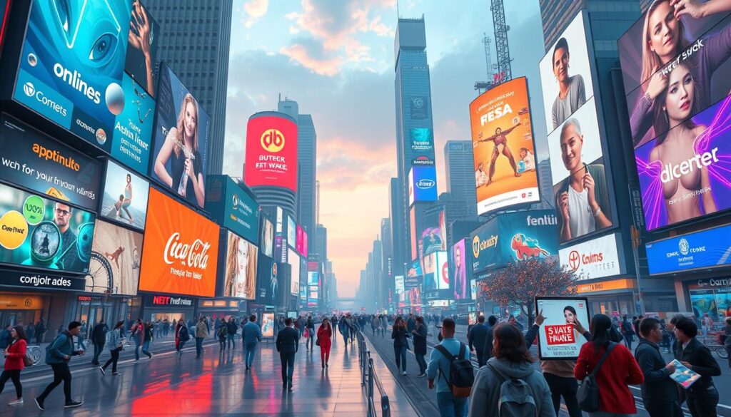 A futuristic cityscape filled with vibrant digital billboards and holograms showcasing diverse online ads, people interacting with screens, advanced technology elements like augmented reality, a dynamic color palette reflecting global diversity, and a sense of connectivity and innovation in the air.