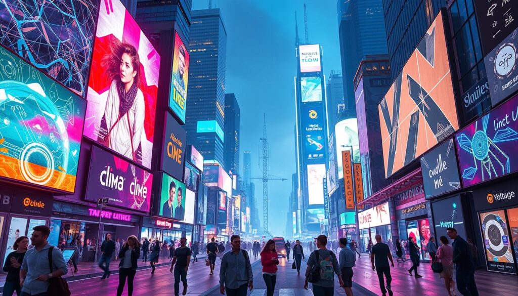 A futuristic digital landscape showcasing a variety of technological innovations in advertising, including holographic billboards, augmented reality displays, and AI-driven interactive screens, vibrant colors illuminating the scene, people engaging with dynamic ads in a bustling urban environment, merging technology with creativity.