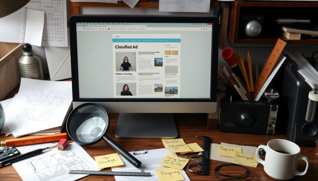 "An artistic representation of a cluttered desk with a computer displaying a classified ad creation interface, surrounded by tools like a magnifying glass, ruler, sticky notes with planning sketches, and a coffee cup, all symbolizing the technical aspects of crafting effective classified ads."