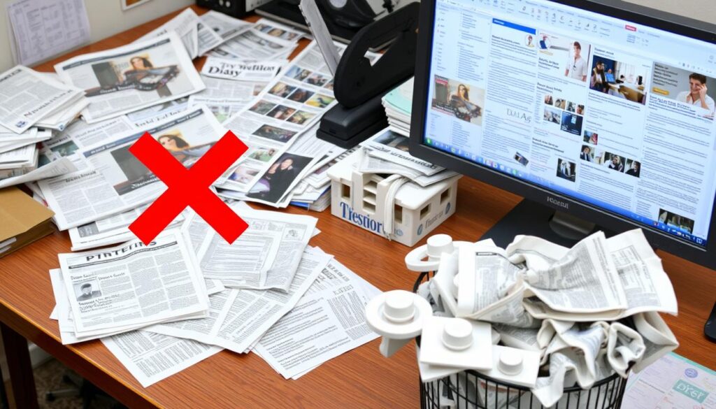 A cluttered desk with scattered papers featuring poorly designed classified ads, a red "X" symbol over a blurry image, an overflowing trash bin with crumpled ad drafts, and a computer screen displaying a confusing layout of text and images.