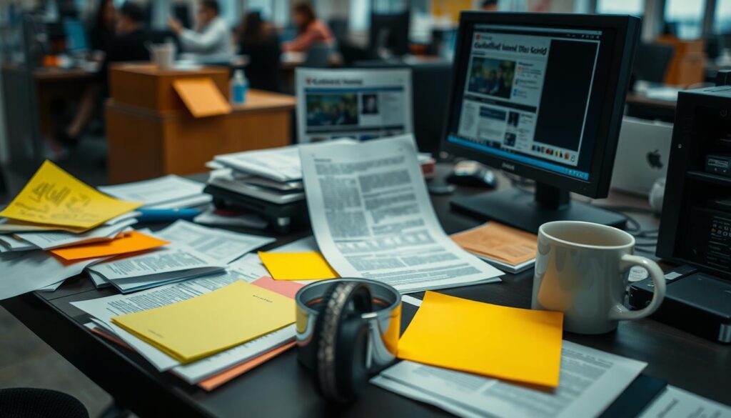 A cluttered desk with various papers scattered around, some brightly colored notes overlapping, an unfinished classified ad on a computer screen, and a cup of coffee spilling slightly, all set against a blurred background of a busy office environment.