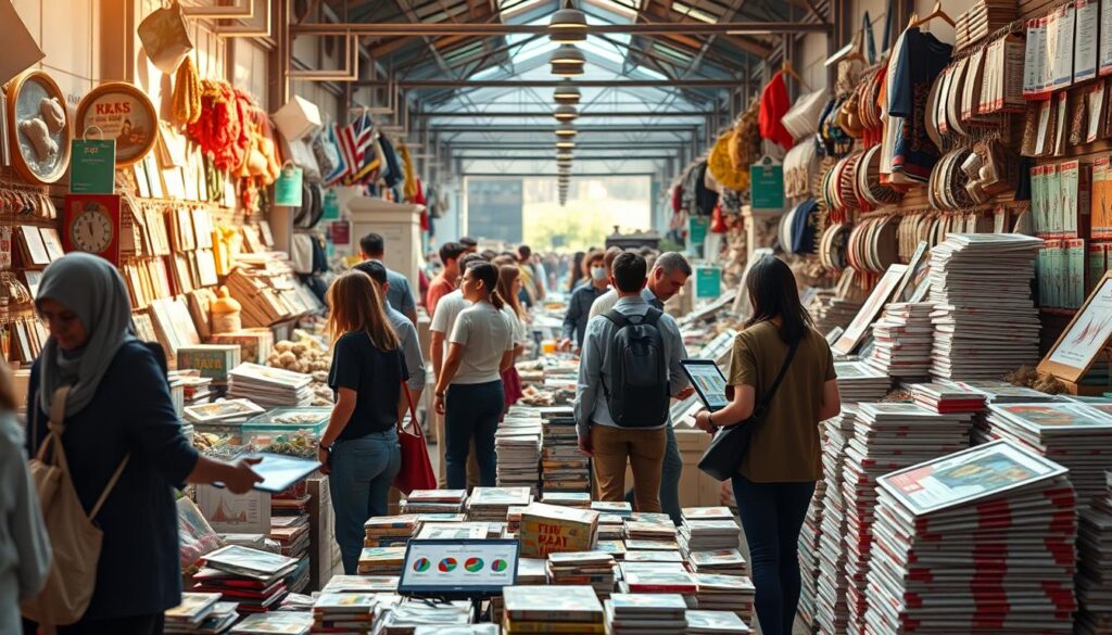 A bustling marketplace filled with various items for sale, diverse shoppers examining products, digital devices displaying graphs and analytics, colorful price tags visible, stacks of items categorized by type, a serene background hinting at a research environment, warm sunlight filtering through, creating an inviting atmosphere.