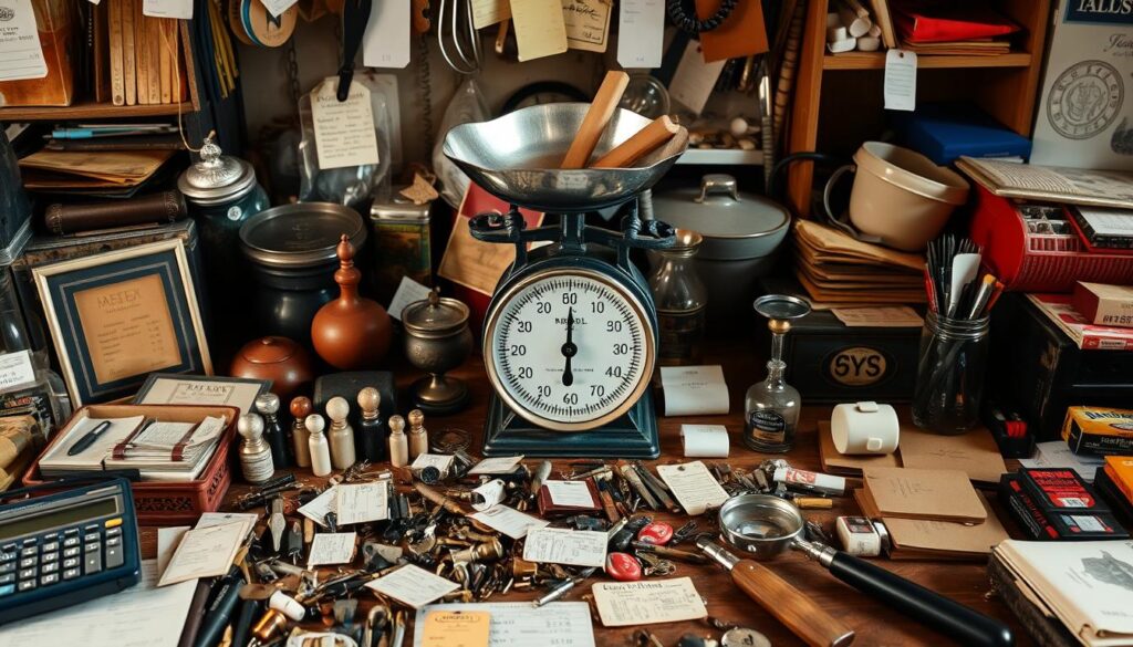 A cluttered workspace featuring a variety of items laid out for sale, with a vintage scale balancing between them, surrounded by tools like a calculator, pricing tags, and magnifying glass, warm lighting casting soft shadows, a sense of careful consideration in the air.