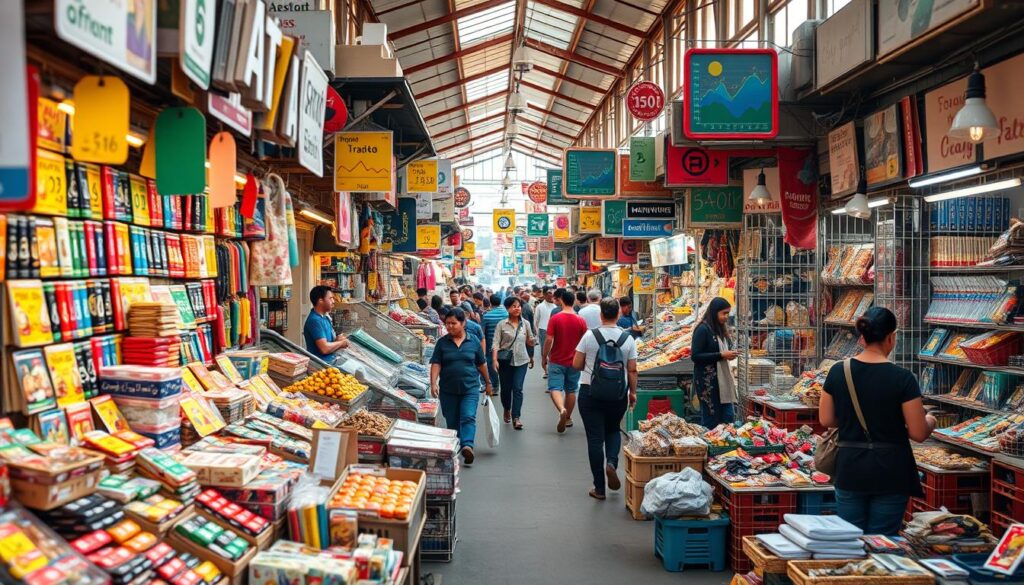 A bustling local marketplace filled with diverse stalls and vendors, showcasing a variety of items for sale, colorful price tags, people engaging in transactions, and dynamic visual representations of market trends like graphs and charts integrated into the scene, vibrant atmosphere with natural lighting.