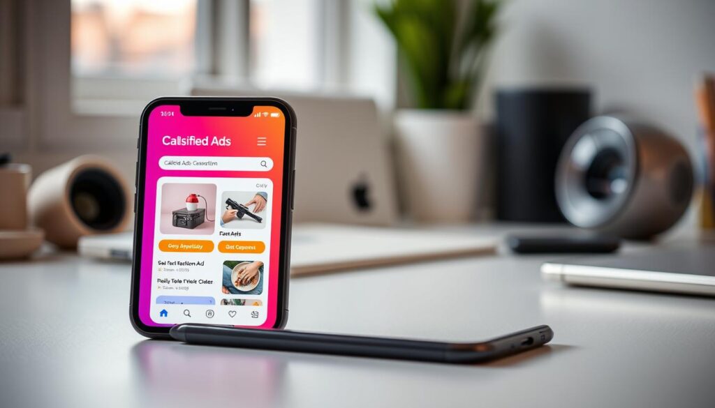 A sleek smartphone displaying a vibrant, mobile-optimized classified ads website, featuring intuitive navigation and eye-catching listings. The background showcases a modern workspace with minimalistic design elements, soft natural lighting, and subtle tech gadgets. The focus is on the smartphone interface, highlighting product images and clear call-to-action buttons.