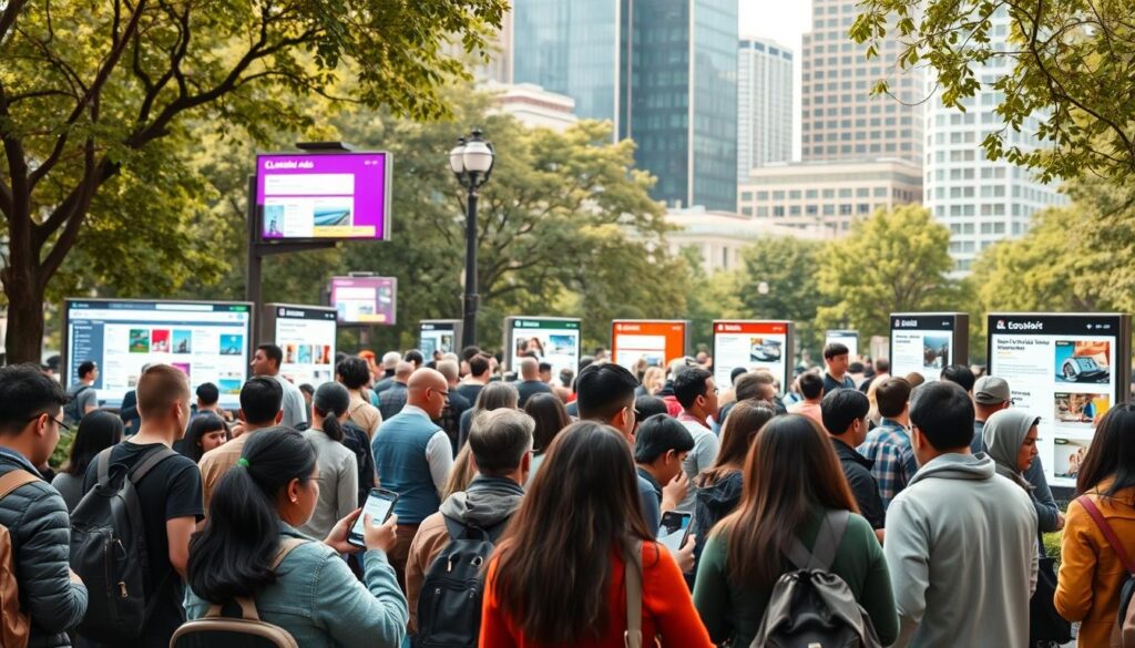 A vibrant, bustling scene of a diverse group of people using smartphones to browse classified ads in a park, surrounded by colorful digital screens displaying various categories like housing, jobs, and services. The background features modern city architecture and greenery, conveying a sense of community and technology intertwined.