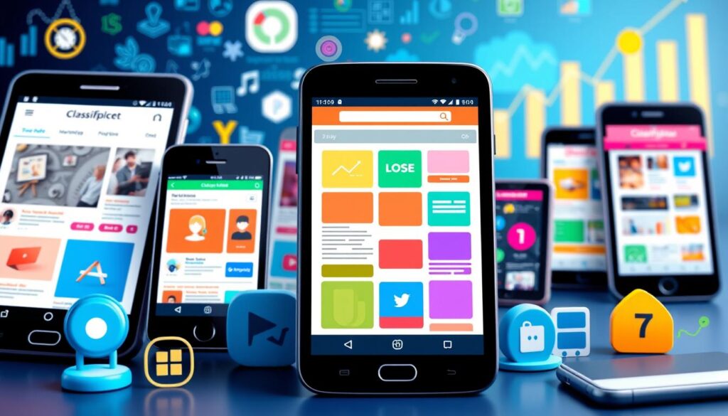 A vibrant digital marketplace scene showcasing diverse mobile devices displaying colorful classified ads, surrounded by eye-catching icons representing marketing strategies like target audience engagement, social media integration, and user-friendly interfaces. The background features abstract representations of data analytics and growth charts, illustrating the dynamic nature of mobile marketing in classified platforms.