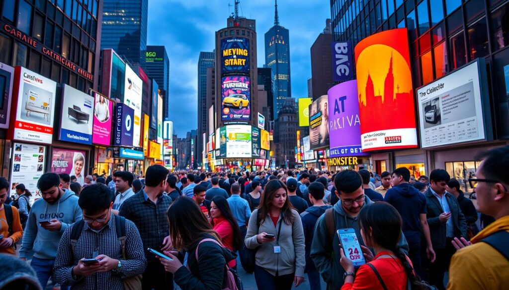 A bustling urban environment filled with diverse people interacting with their smartphones, vibrant screens displaying various classified ads like furniture, vehicles, and job postings, lively colors reflecting the energy of mobile commerce, city skyline in the background, dynamic movement suggesting active engagement with technology.