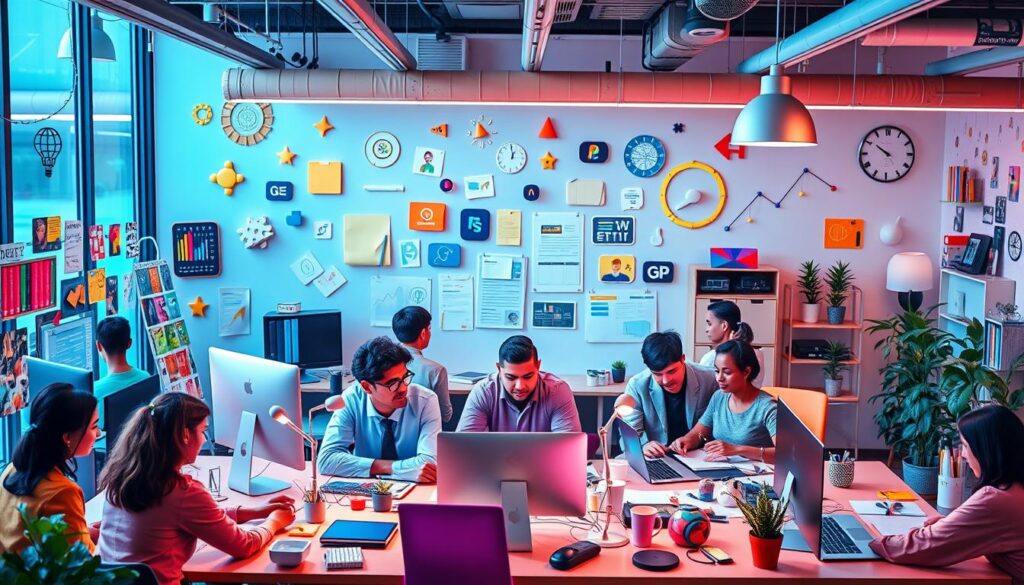 A vibrant digital workspace filled with diverse individuals collaborating on creative projects, showcasing various modern tools and technology, surrounded by inspiring visual elements that symbolize success and innovation, with bright colors and a dynamic atmosphere.