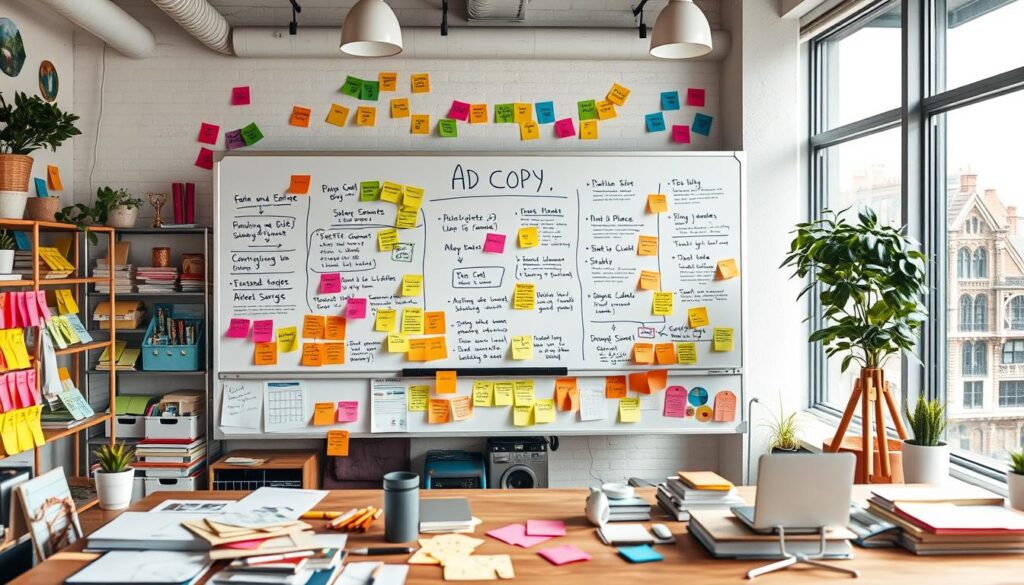 A creative workspace filled with colorful sticky notes, charts, and brainstorming materials, showcasing various ad copy strategies on a large whiteboard, surrounded by a vibrant atmosphere of inspiration and collaboration, soft natural light filtering through large windows.