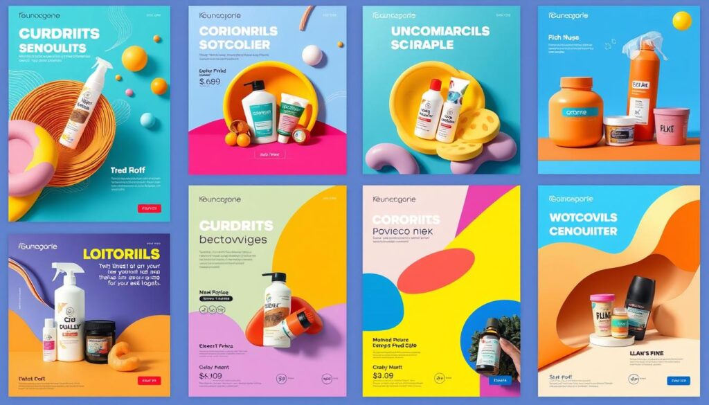 "Dynamic and vibrant ad layouts featuring bold colors, innovative shapes, and eye-catching graphics, showcasing a variety of product placements with an emphasis on clean lines and modern design aesthetics."