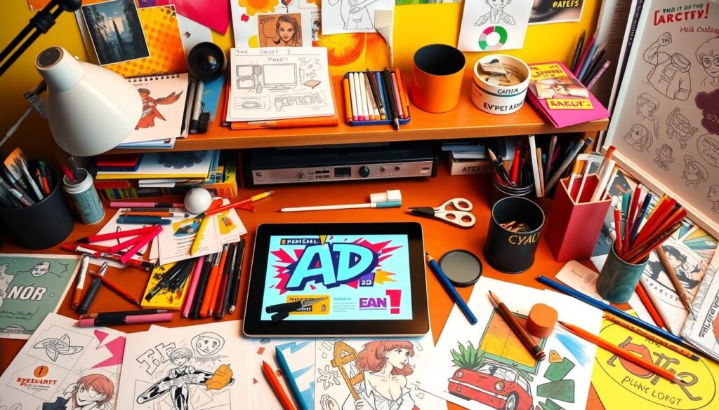 A vibrant workspace featuring an artist's desk cluttered with colorful sketches and design tools; dynamic layouts of eye-catching ad concepts scattered around; a digital tablet displaying a bold ad design in progress; bright, contrasting colors; creative chaos that inspires innovation and visual appeal.