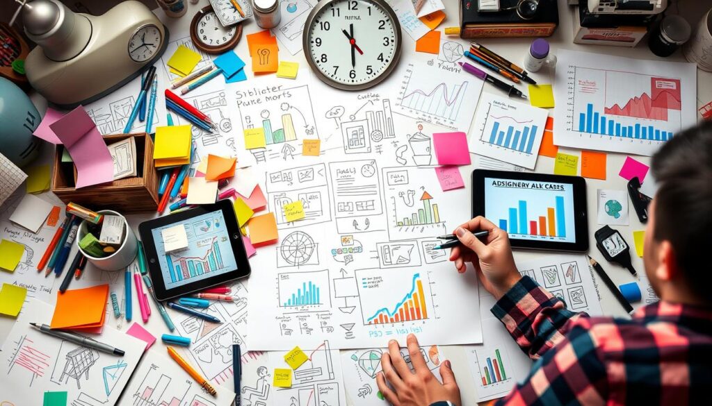 A dynamic workspace filled with colorful sketches and vibrant mock-ups, depicting a designer rapidly brainstorming ad concepts; scattered tools like markers, sticky notes, and digital devices showing graphs and charts, with a clock in the background emphasizing speed and urgency, an atmosphere of creativity and energetic movement.